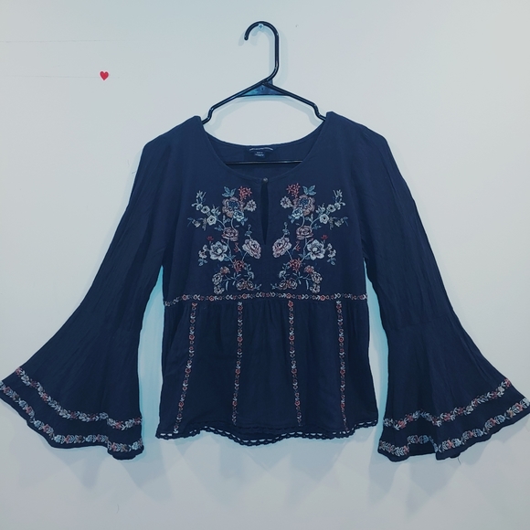 Navy Blue with Embroidered Flowers Women's Shirt - Picture 2 of 4